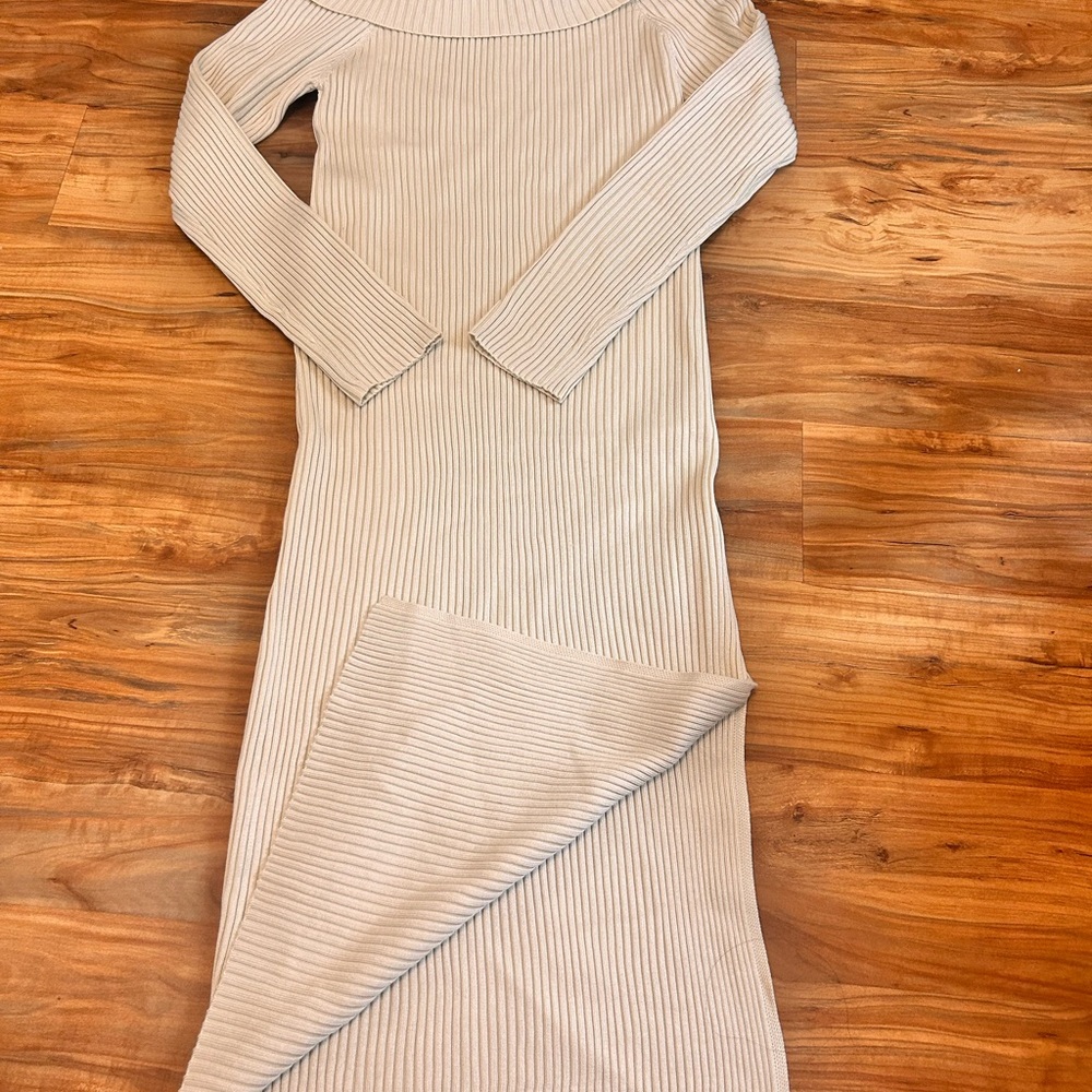 Elegant Cream Ribbed Knit Dress
